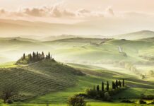 Sunset in the countryside of Val d'Orcia